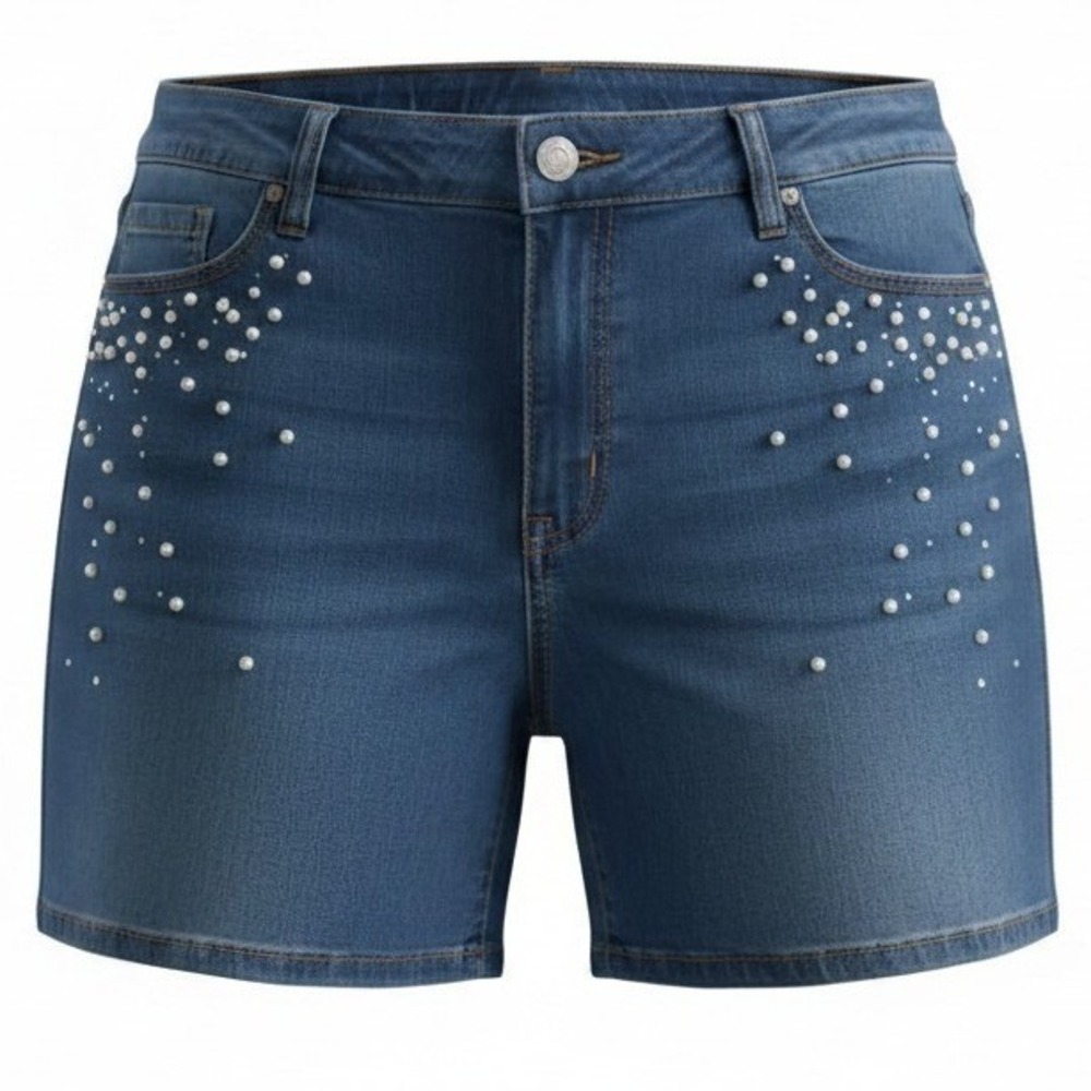 Lane Bryant Denim Shorts Womens 16 Blue Pearl Rhinestone Embellished Mid Rise